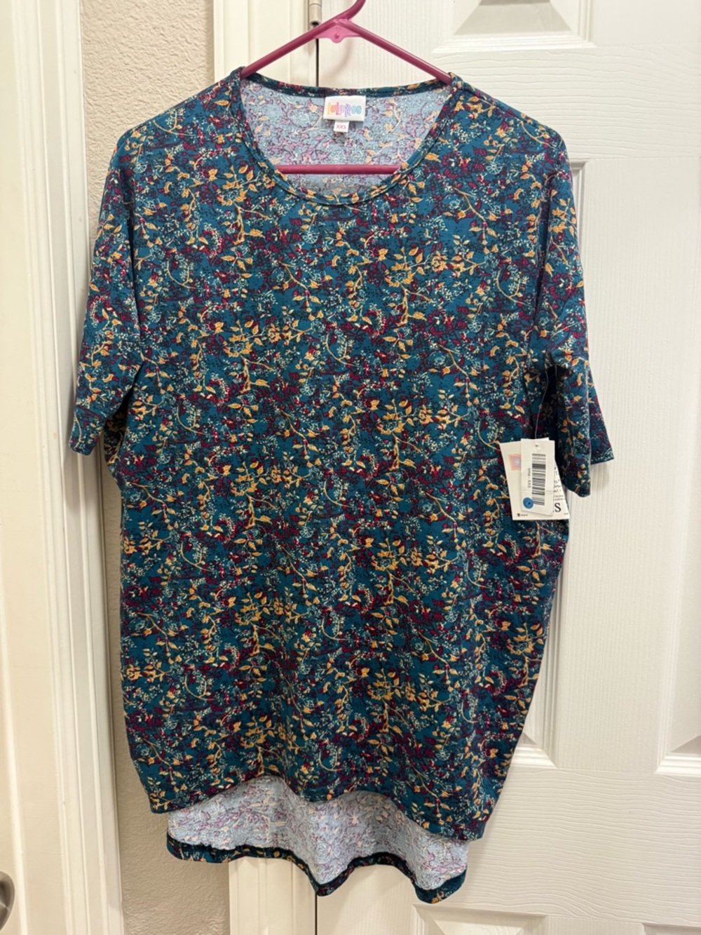 LuLaRoe Teal Floral Irma Tunic with Mustard and Burgundy Accents
